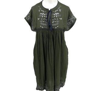 Sundance Embroidered Green Shift Dress Size XS Peasant Boho Pockets Empire